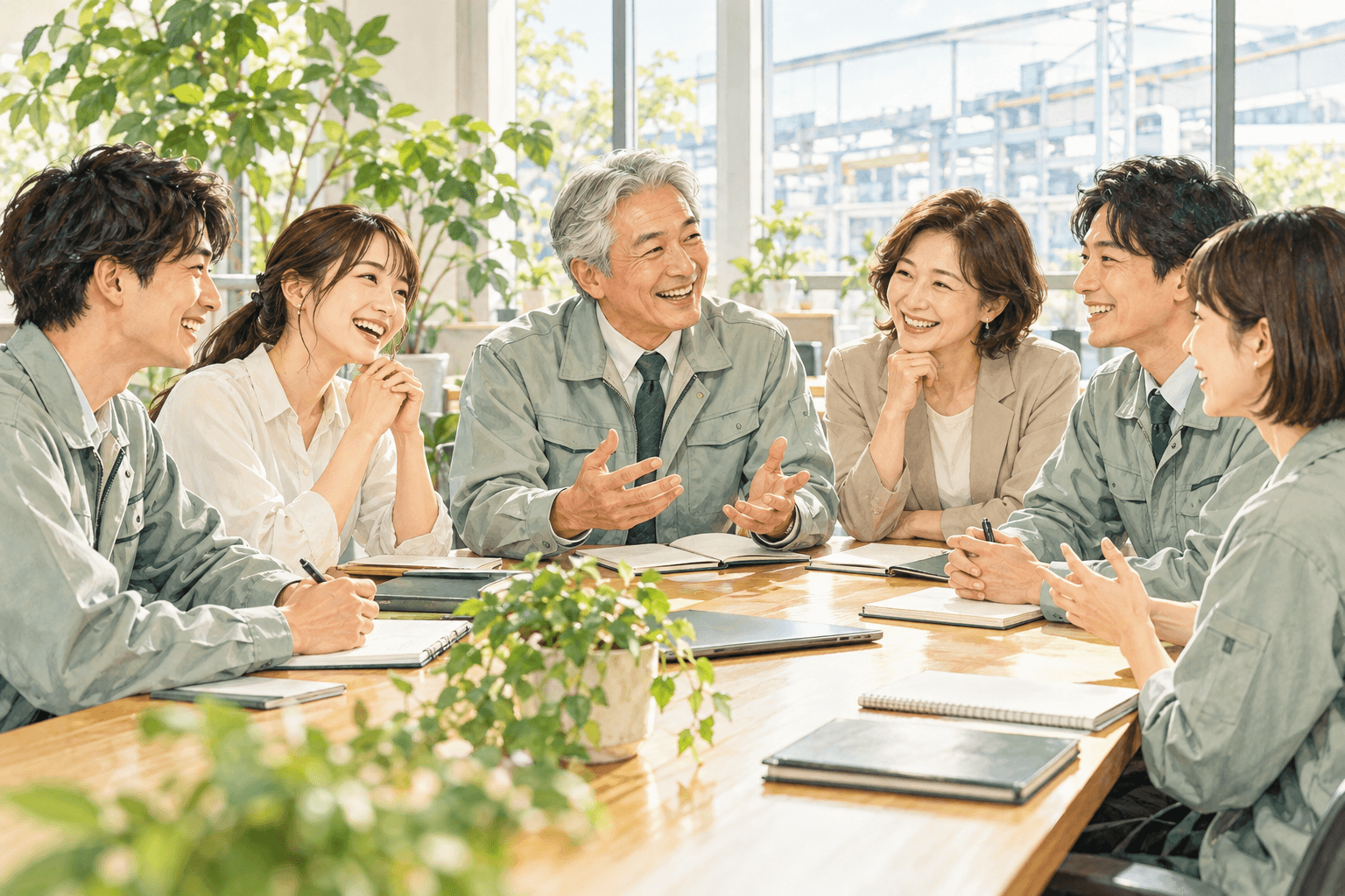 明るい職場で、ベテランと若手の社員が笑顔で楽しく話し合うイラスト