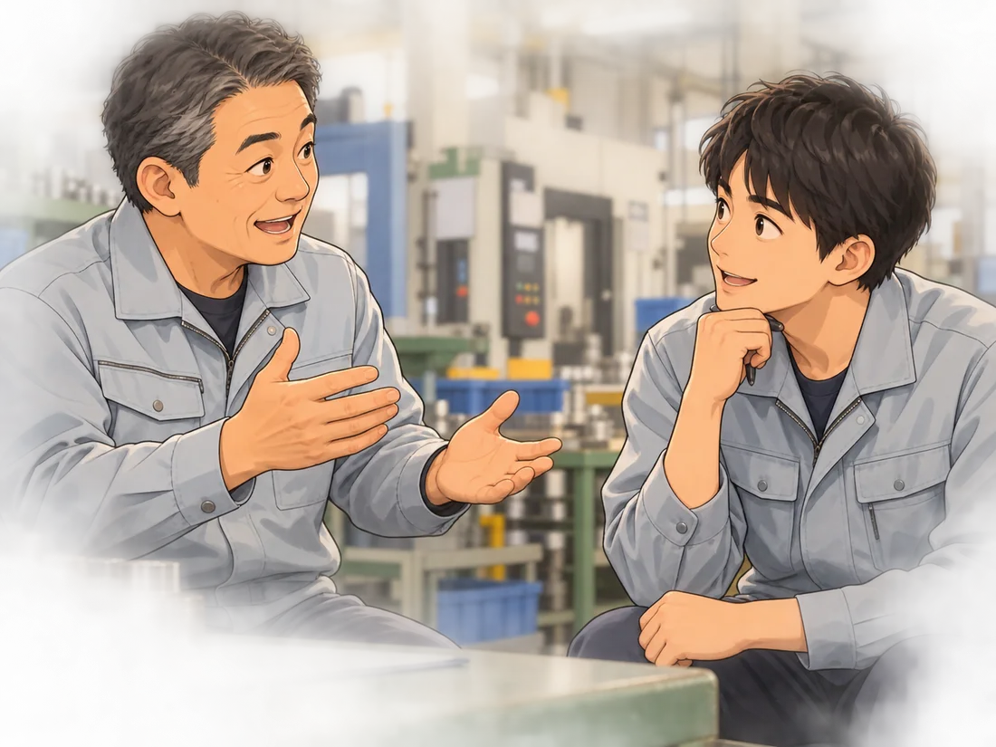 現場で管理職と若手が対話するイラスト