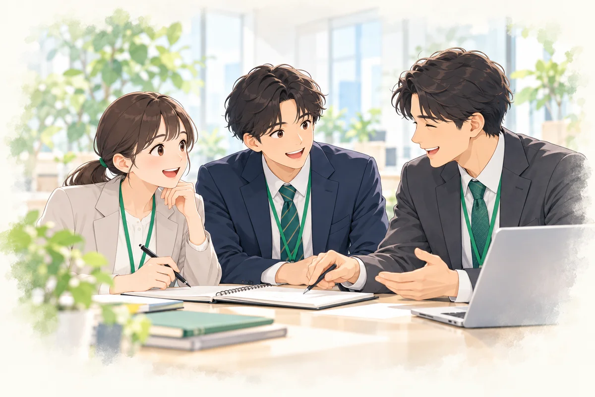 新人と先輩が仕事について笑顔で話すイラスト