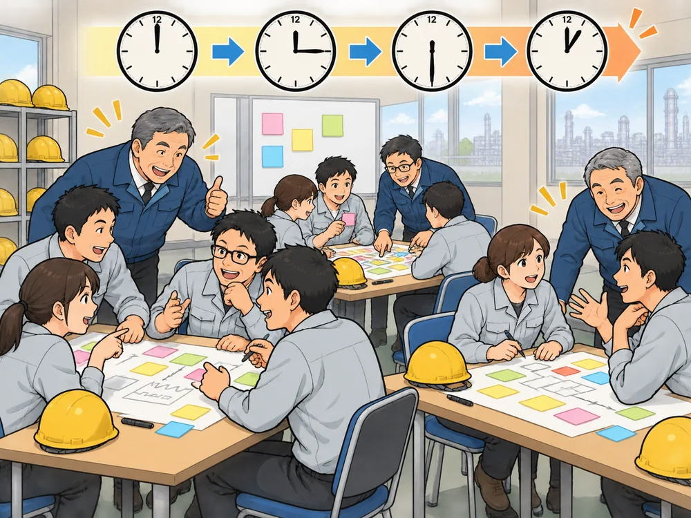 仲間と笑顔で話し合い、ペアワークで関わり方を学ぶ研修のイラスト