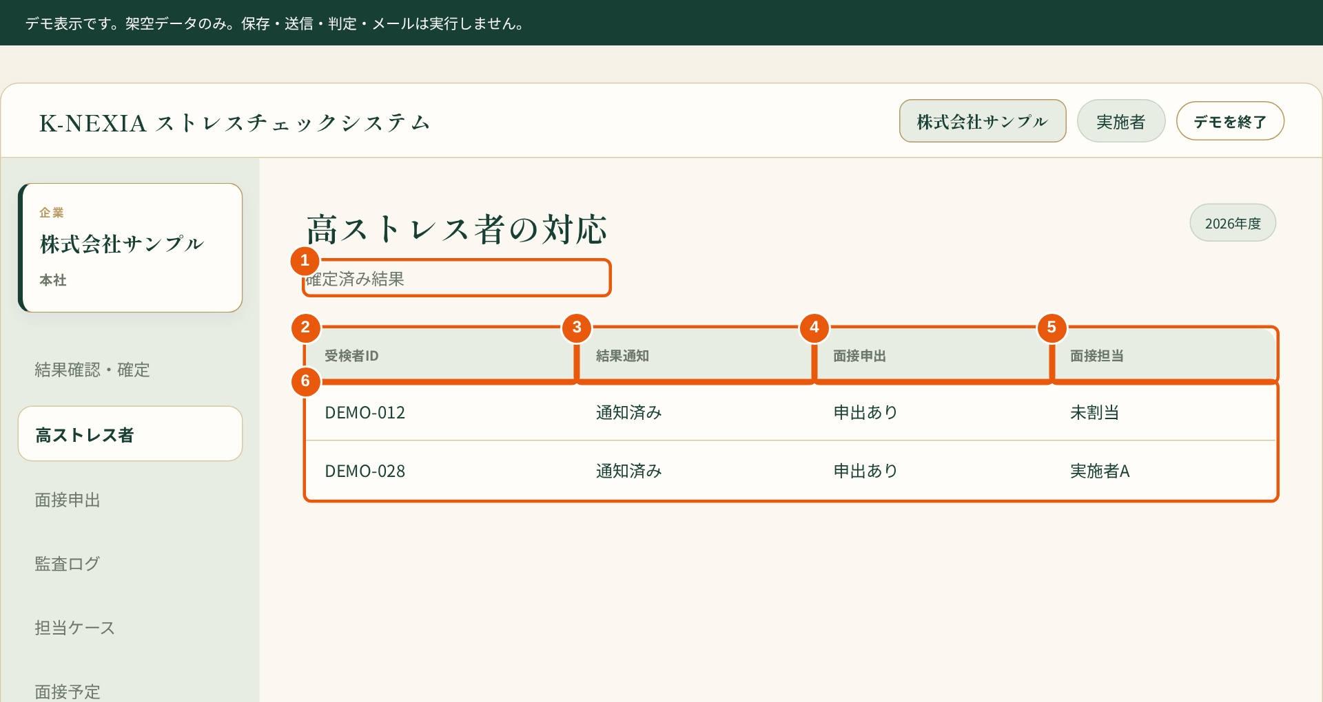 結果通知と面接申出などの対応状況を確認する実施者向けデモ画面